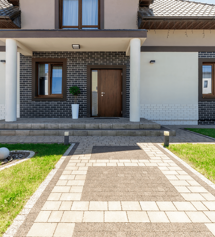 Modern house entrance with brick facade